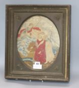 A Victorian oval needlework panel, framed 31 x 25cm excl. frame