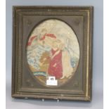 A Victorian oval needlework panel, framed 31 x 25cm excl. frame