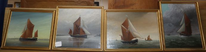 John Bower, four oils on board, Fishing boats at sea, largest 32 x 36cm