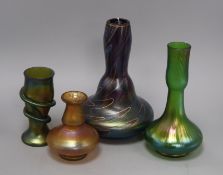 A Loetz style vase and three other glass items tallest 24cm