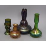 A Loetz style vase and three other glass items tallest 24cm