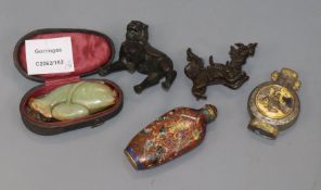 A Chinese green and russet jade fish, a cloisonne enamel snuff bottle, a pewter snuff bottle and two