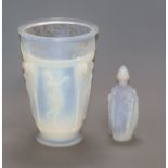 A Sabino opalescent blue glass scent bottle and stopper and a chipped vase tallest 23cm
