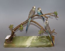 Three cold painted bronze budgerigars H.23.5cm