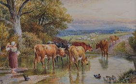 Circle of Birket Foster, watercolour, Cattle crossing a brook, bears monogram, 10 x 16cm, unframed