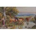 Circle of Birket Foster, watercolour, Cattle crossing a brook, bears monogram, 10 x 16cm, unframed