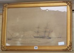 Late 19th century English School, pencil and watercolour, English warship off Gibraltar, label