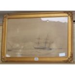 Late 19th century English School, pencil and watercolour, English warship off Gibraltar, label