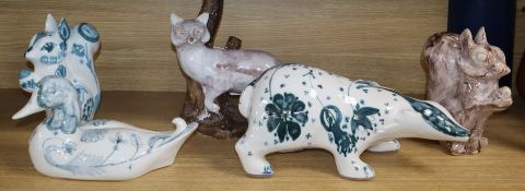 David Sharp, Rye Pottery, a blue floral design badger, squirrel and duck, another figure of a fox