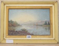 Adolphus Knell, oil on board, Lake scene, signed, 19 x 30cm