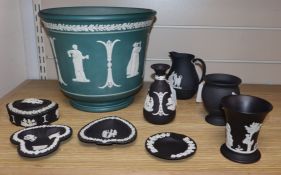 A Hanley large sage green jasperware jardiniere and eight small items of Wedgwood black jasperware