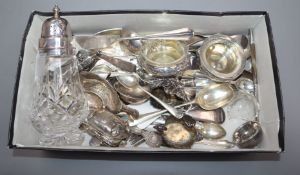 A pair of Victorian silver swan salts, a pair of silver cauldron salts and sundry items, including a