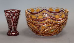 A Bohemian ruby flash toasting glass and an enamelled glass bowl