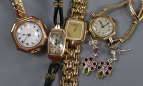 Three lady's wrist watch including two 9ct gold, a boxed Raymond Weil watch and a pair of 925