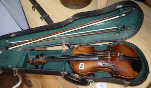 A late 19th / early 20th century Boosey & Co full size violin, cased with 2 bows