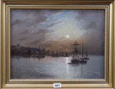 Wheeler, oil on board, Shipping at anchor under moonlight, 29 x 40cm