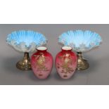 A pair of Victorian blue satin glass dishes and a pair of glazed Burmese vases