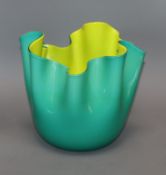 A Venini green and yellow glass handkerchief vase, signed and dated (19) 92 height 22cm