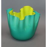 A Venini green and yellow glass handkerchief vase, signed and dated (19) 92 height 22cm