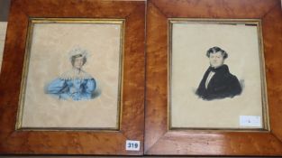 Early Victorian School, pair of watercolours, Portraits of a lady and gentleman, 27 x 22cm, maple