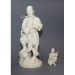 A Japanese Meiji period carved ivory okimono of a fisherman, signed and a small carving of a