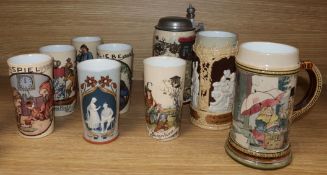 A group of six Villeroy and Boch and Mettlach beakers, two mugs and a stein