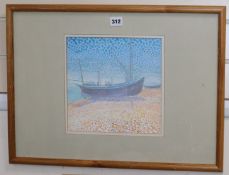 John Titchell, watercolour, Beached fishing boat, 25 x 24.5cm
