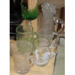 A Mary Gregory glass mug and six other glass items