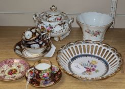 A collection of English and Continental cabinet ceramics, including two Minton 827 pattern cups