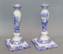 A pair of Spode blue and white candlesticks height 32cm