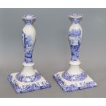 A pair of Spode blue and white candlesticks height 32cm