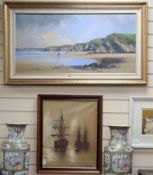 Richard Blowey, Coastal scene, 45 x 90cm and Barry Hilton (20th/21st century), oil on canvas,