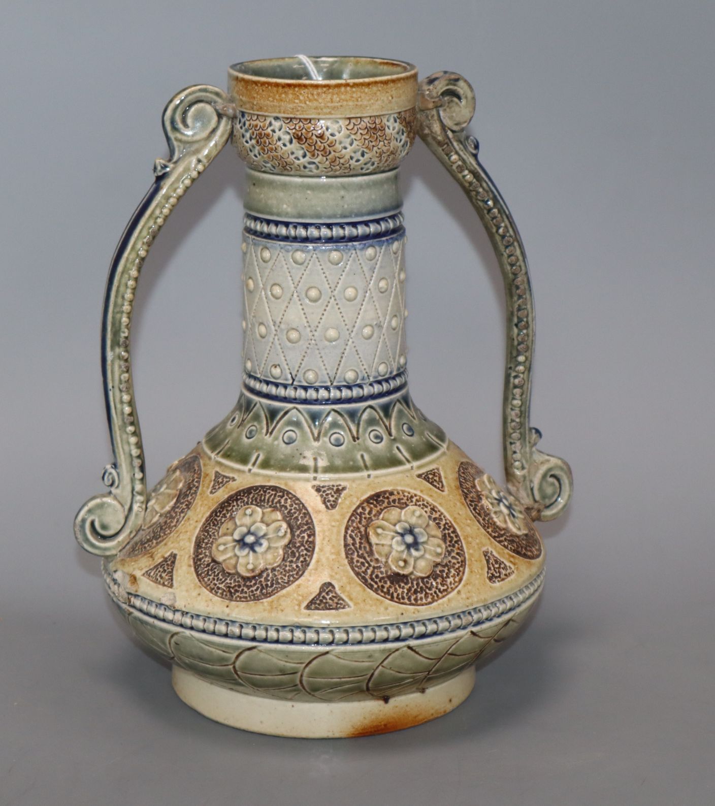 A C J C Bailey Fulham pottery two handled vase by Edgar Kettle, No. 41, 1874 height 22.5cm
