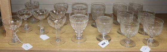 A pair of 19th century cut glass rummers, set of six cut glass goblets, five hollow stem coupes
