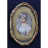 A late 19th / early 20th century watercolour miniature of a young lady as a classical muse, 9 x 5.