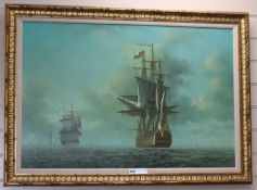 Gordon, oil on canvas, English Man o'War at sea, signed, 60 x 90cm