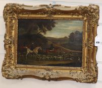 English School, oil on panel (possibly overpainted print), Hunting scene, 25 x 35cm