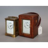 A Mappin & Webb gilt brass carriage timepiece in leather outer case and another carriage timepiece