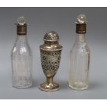 A pair of George III silver mounted glass bottles and Old Sheffield plate pepper pot (3)