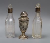 A pair of George III silver mounted glass bottles and Old Sheffield plate pepper pot (3)
