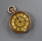 A 9k gold fob watch with gilt dial, cased