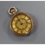 A 9k gold fob watch with gilt dial, cased