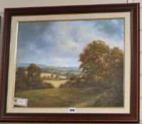 Richard Blowey (b. 1947), 3 oils on canvas, Landscape with distant church, signed; 'Helford