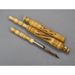 Two bone handles incorporating pens and stanhopes 14cm