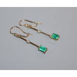 A pair of gold, diamond and emerald drop earrings, 4cm