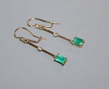 A pair of gold, diamond and emerald drop earrings, 4cm