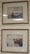 M.B. Strachan, pair of watercolours, Fishing boats in harbour and Off the coast, signed and dated '