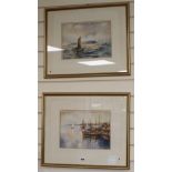 M.B. Strachan, pair of watercolours, Fishing boats in harbour and Off the coast, signed and dated '