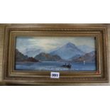 Scottish School, oil on mill board, Fishing boat on a loch, 12 x 30cm