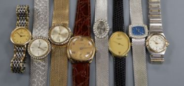 Two lady's steel and gold Omega wristwatches and six other assorted watches